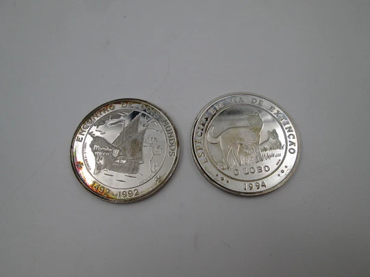 1000 escudos Portugal two coins. Meeting of two worlds and extinct species. Sterling silver