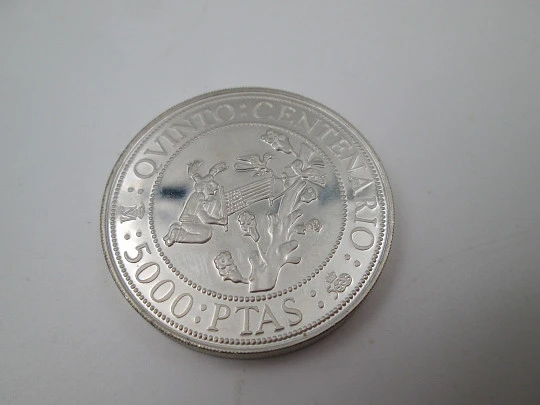 5.000 pesetas V Centenary coin. Juan Carlos I King of Spain. 925 sterling silver. 1990