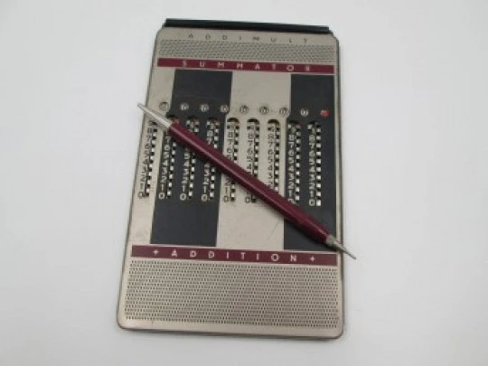 Addimult mechanical calculator. Bitone metal. Cover & marker. 1960s. Germany