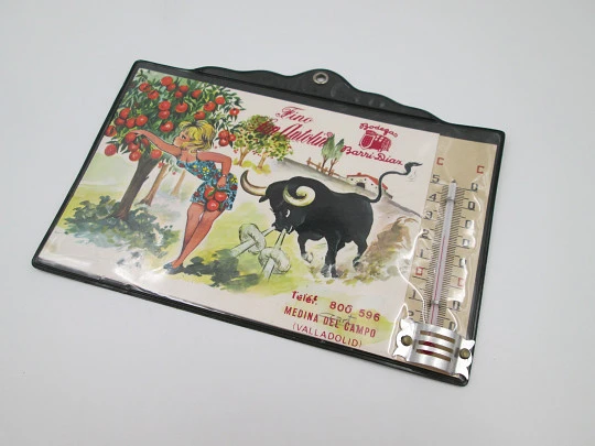 Advertising calendar with a thermometer and a humorous representation. 1984