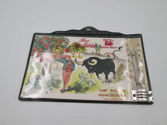 Advertising calendar with a thermometer and a humorous representation. 1984