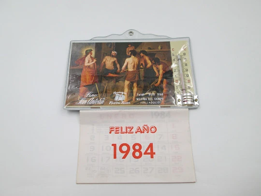Advertising calendar with a thermometer and a representation of Vulcan's Forge. 1984