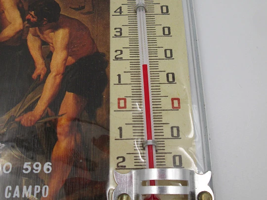 Advertising calendar with a thermometer and a representation of Vulcan's Forge. 1984