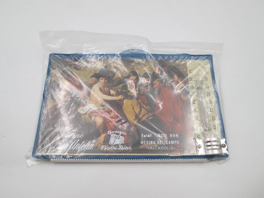 Advertising calendar. Thermometer and representation of The Triumph of Bacchus