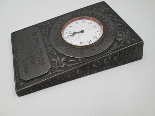 Advertising paperweight wind-up table desk Lip brand clock. Ornate iron. France. 1950's Advertising paperweight wind-up table desk Lip brand clock. Ornate iron. France. 1950's