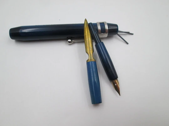 Advertising writing combination. Dip pen, pencil and letter opener. Blue celluloid. 1930's