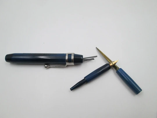 Advertising writing combination. Dip pen, pencil and letter opener. Blue celluloid. 1930's