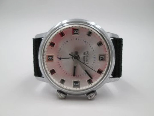 Alarm wristwatch Poljot. Silver metal. Manual wind. USSR. 1980's. 18 jewels