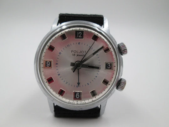 Alarm wristwatch Poljot. Silver metal. Manual wind. USSR. 1980's. 18 jewels