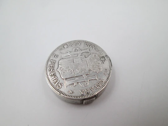 Alfonso XII 2 pesetas coin (1882) pocket lighter. Sterling silver. Petrol. Spain