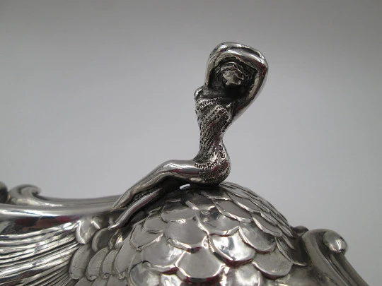 Almond shell dish. Sterling silver. Mermaid and scale motifs. Fish shaped legs. 1970's