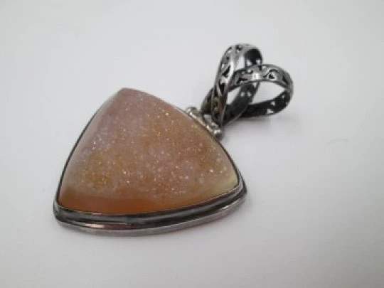 Amber tone stone triangular pendant. 925 sterling silver. Openwork loop