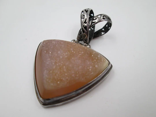 Amber tone stone triangular pendant. 925 sterling silver. Openwork loop