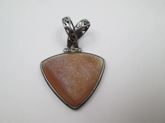 Amber tone stone triangular pendant. 925 sterling silver. Openwork loop