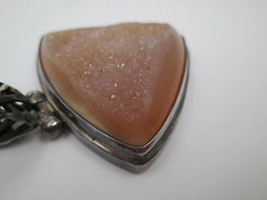 Amber tone stone triangular pendant. 925 sterling silver. Openwork loop