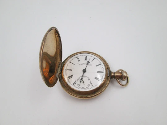 American Waltham hunter-case pocket watch. Gold plated. Stem-wind / pin-set. 1890's