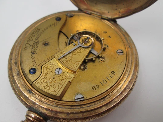 American Waltham hunter-case pocket watch. Gold plated. Stem-wind / pin-set. 1890's