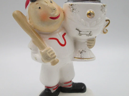 Amico figurative table petrol lighter. Baseball player with trophy porcelain. Japan. 1962