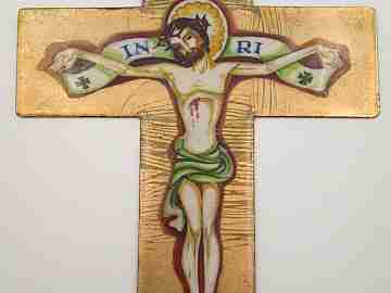Antique cross. Enamel on copper. 1940's. Crucified Christ. Spain