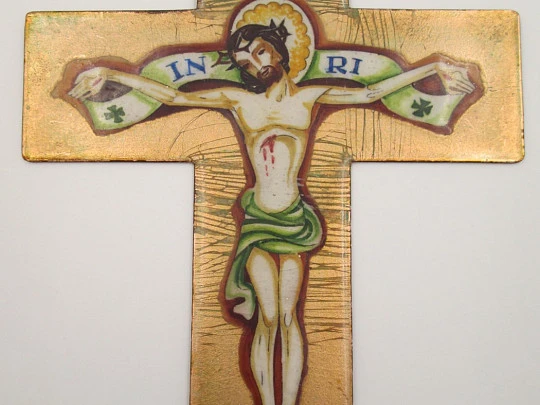 Antique cross. Enamel on copper. 1940's. Crucified Christ. Spain