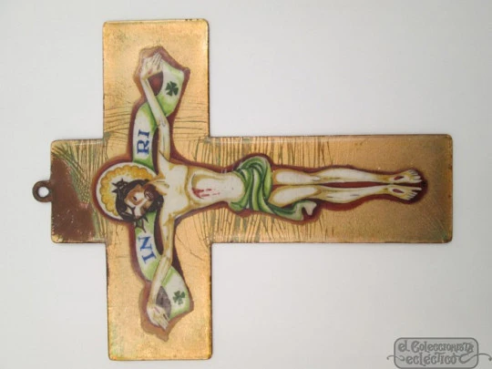 Antique cross. Enamel on copper. 1940's. Crucified Christ. Spain