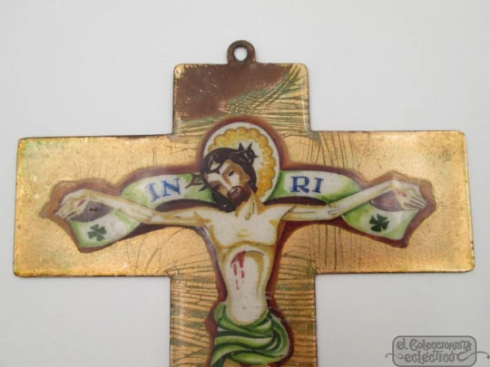 Antique cross. Enamel on copper. 1940's. Crucified Christ. Spain