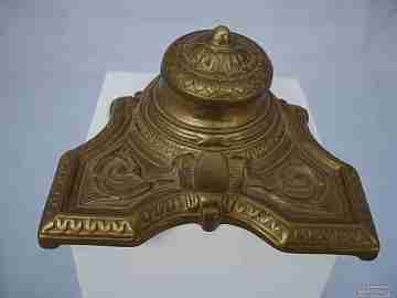 Antique desk inkwell. Bronze stand and ceramic ink pot. 1920s
