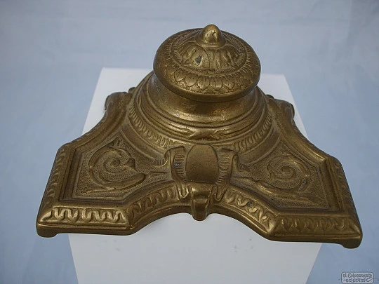 Antique desk inkwell. Bronze stand and ceramic ink pot. 1920s