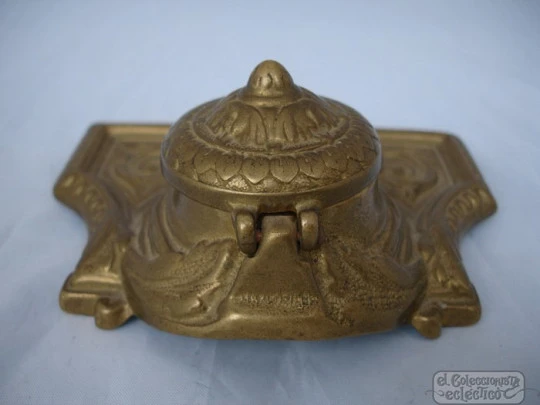 Antique desk inkwell. Bronze stand and ceramic ink pot. 1920s