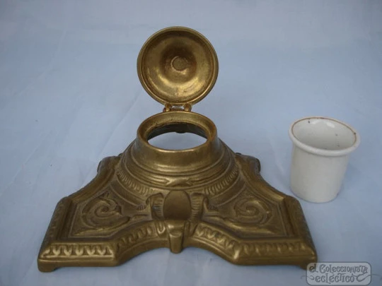 Antique desk inkwell. Bronze stand and ceramic ink pot. 1920s