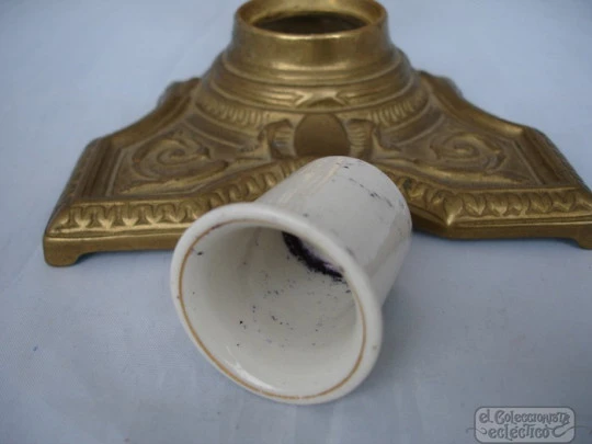 Antique desk inkwell. Bronze stand and ceramic ink pot. 1920s