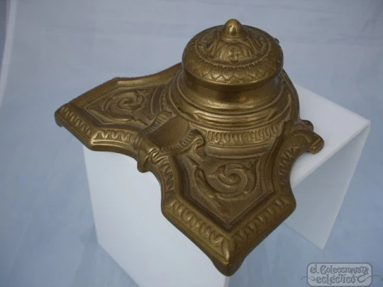 Antique desk inkwell. Bronze stand and ceramic ink pot. 1920s