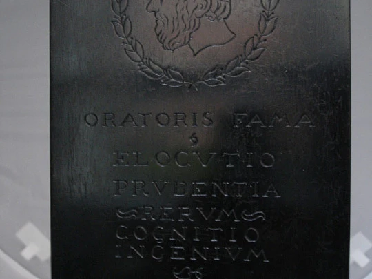 Antique ebony wood plaque. Circa 1923. Relief. Orator virtues