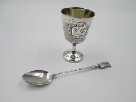 Antique egg cup and spoon gift set boxed. Silver plated & golden inside. France