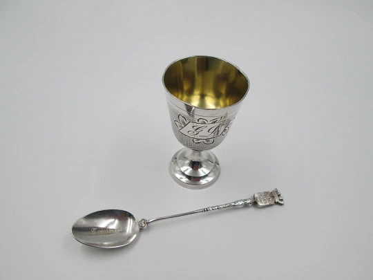 Antique egg cup and spoon gift set boxed. Silver plated & golden inside. France