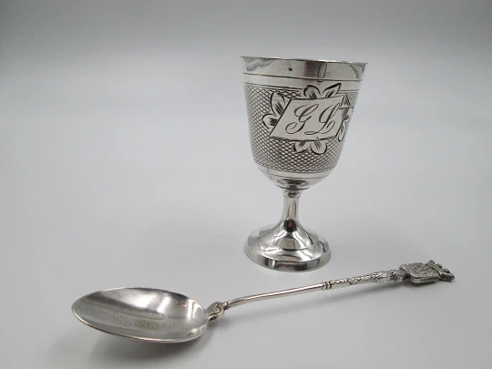 Antique egg cup and spoon gift set boxed. Silver plated & golden inside. France