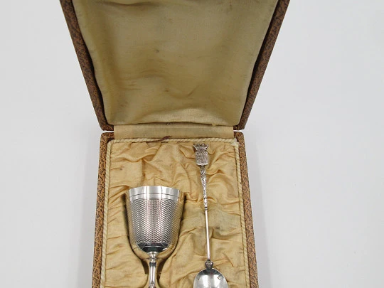 Antique egg cup and spoon gift set boxed. Silver plated & golden inside. France