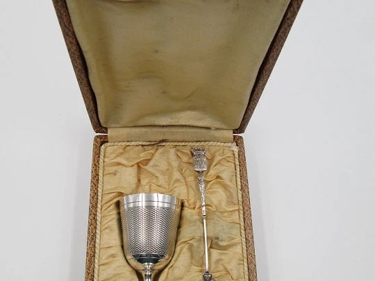 Antique egg cup and spoon gift set boxed. Silver plated & golden inside. France