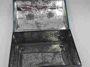 Antique embossed tin box. Enamel paint. 1940s. Flowers and birds