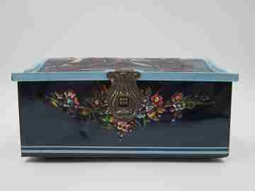 Antique embossed tin box. Enamel paint. 1940s. Flowers and birds