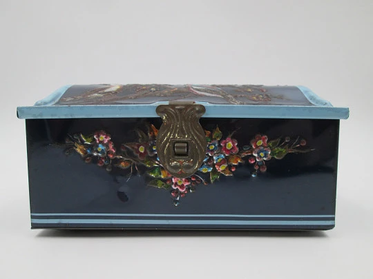 Antique embossed tin box. Enamel paint. 1940s. Flowers and birds