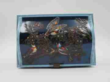 Antique embossed tin box. Enamel paint. 1940s. Flowers and birds