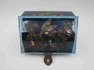 Antique embossed tin box. Enamel paint. 1940s. Flowers and birds