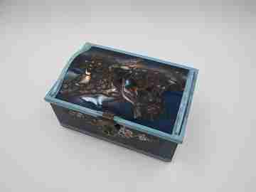 Antique embossed tin box. Enamel paint. 1940s. Flowers and birds
