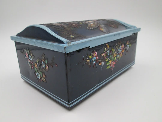 Antique embossed tin box. Enamel paint. 1940s. Flowers and birds