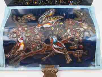 Antique embossed tin box. Enamel paint. 1940s. Flowers and birds