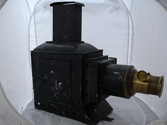 Antique large magic lantern. Black lacquered tinplate and brass