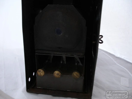 Antique large magic lantern. Black lacquered tinplate and brass