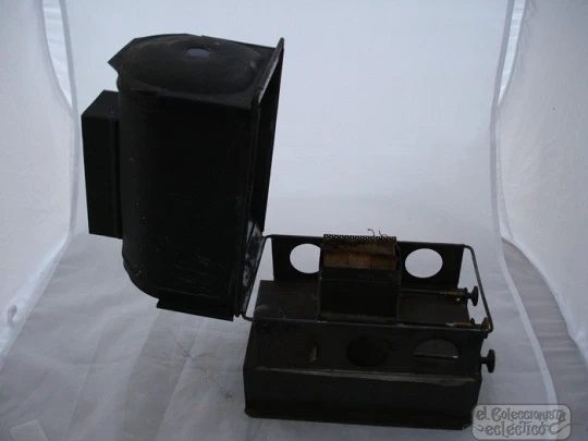 Antique large magic lantern. Black lacquered tinplate and brass