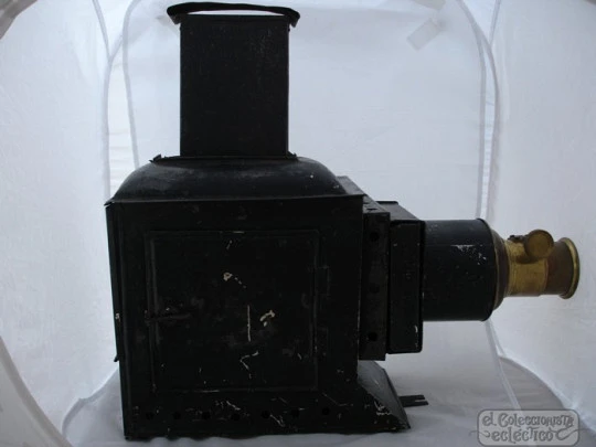 Antique large magic lantern. Black lacquered tinplate and brass